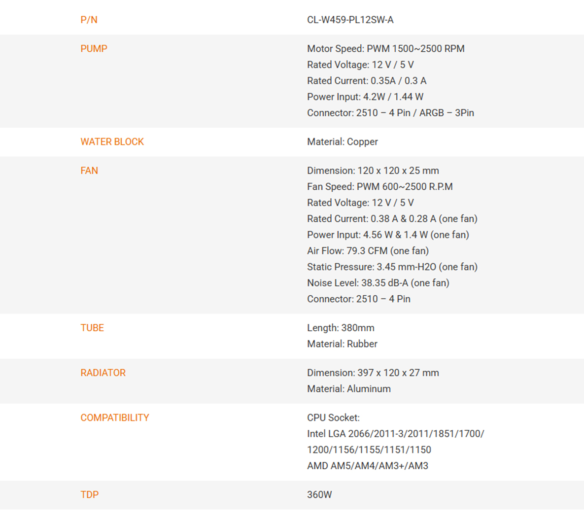 Thermaltake LA360 ARGB Sync AIO Liquid CPU Cooler-SPECS
