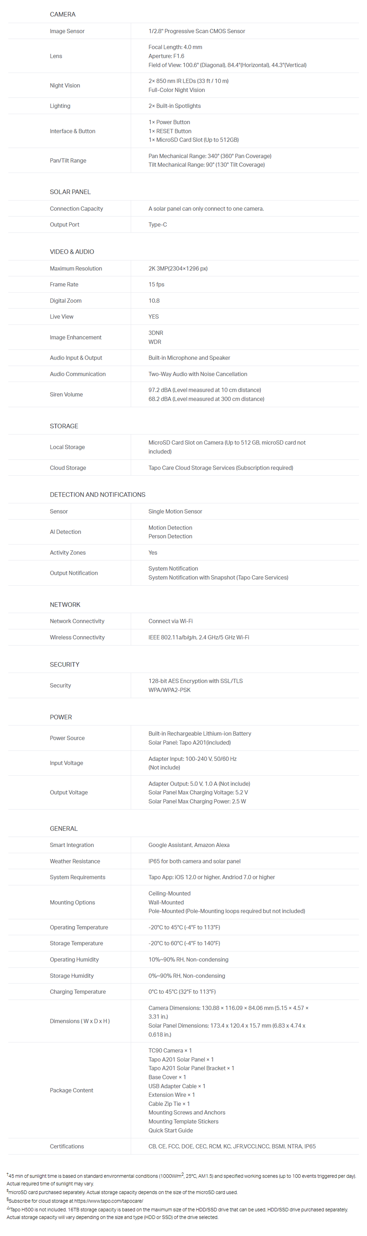 TP-Link Tapo TC90 Solar Powered Security Camera Kit-SPECS