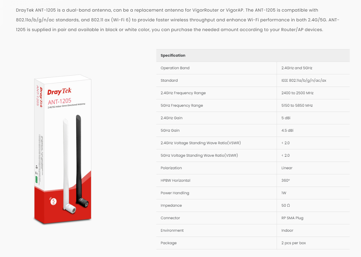 DrayTek ANT-1205 5dBi Indoor Antenna, White | Scorptec Computers
