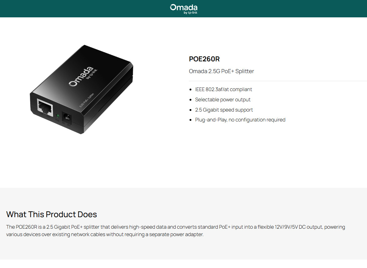 TP-Link Omada POE260R 2.5Gbe PoE+ Splitter