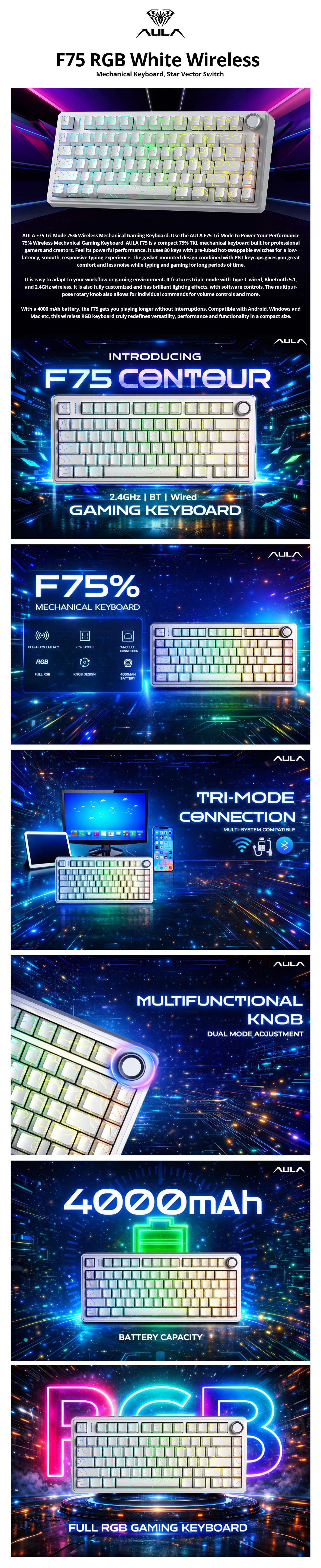 AULA F75 RGB White Wireless Mechanical Keyboard, Star Vector Switch ...