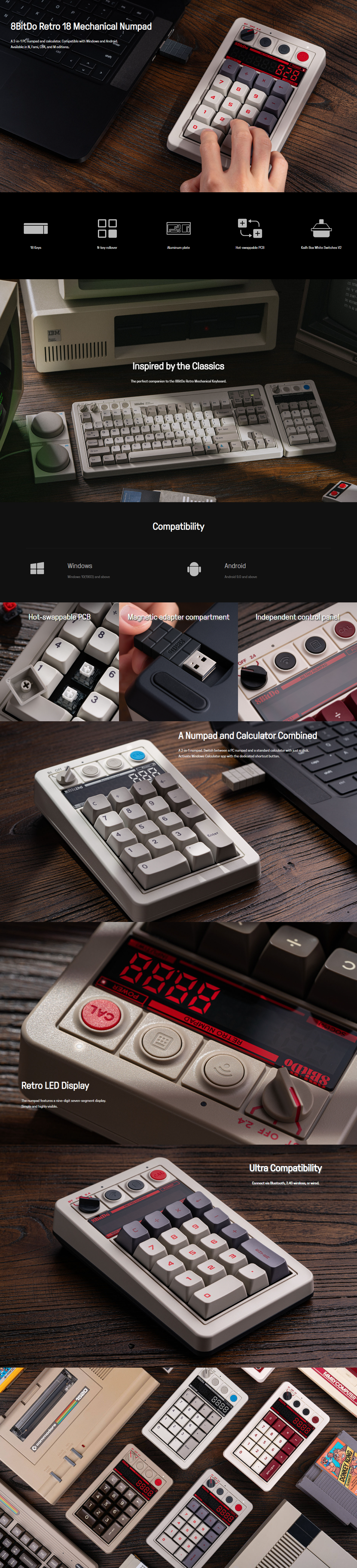 8BitDo Retro 18 N Edition Wireless Mechanical Numpad, Kailh Box White ...