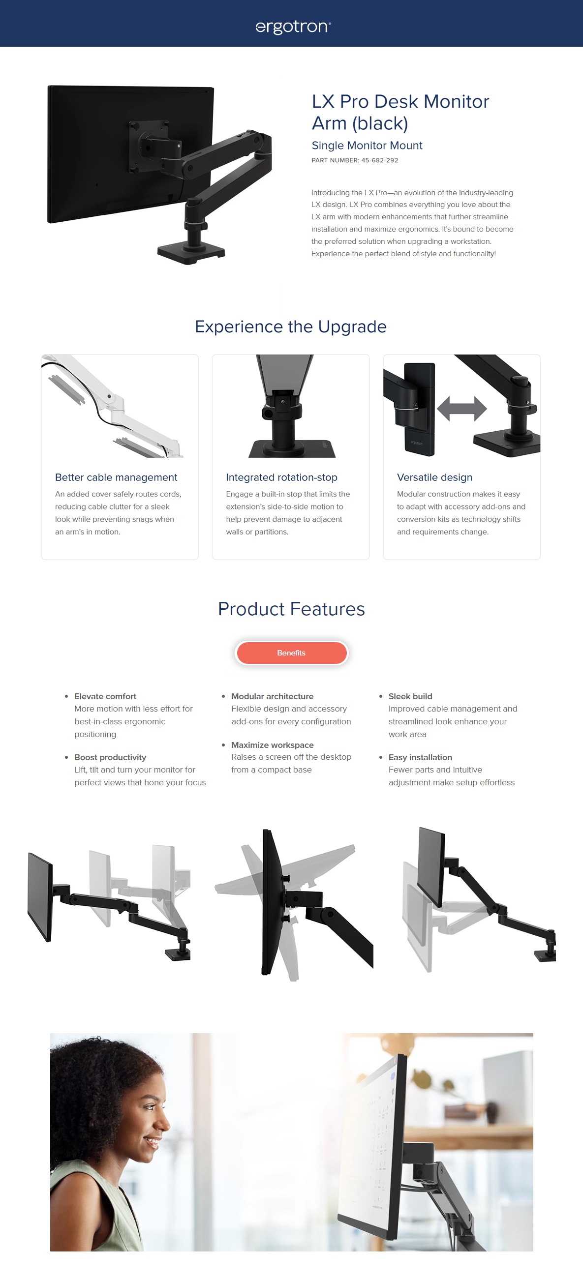 Ergotron LX Pro Desk Single Monitor Arm, Black | Scorptec Computers