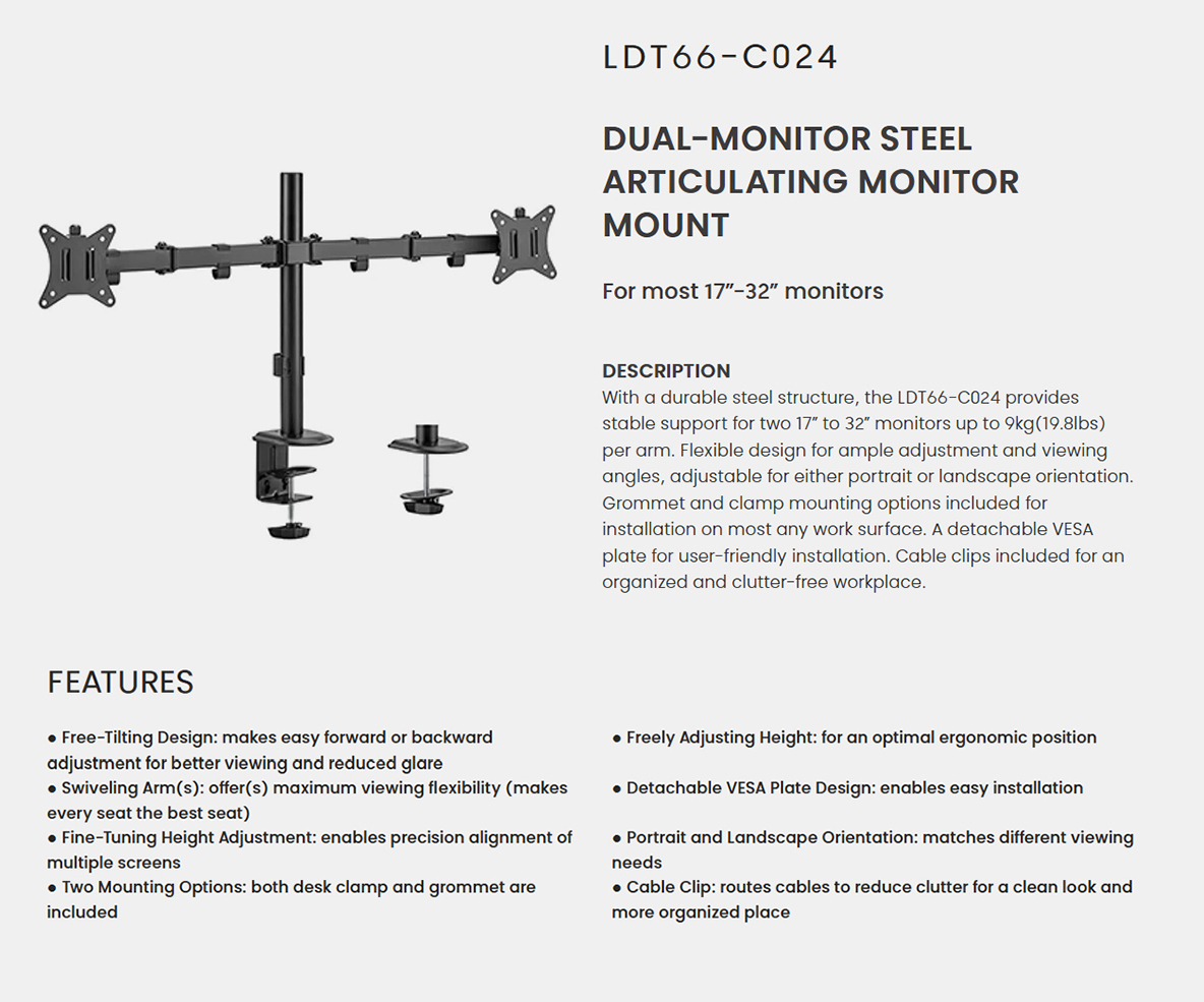 Brateck Dual-Monitor Steel Articulating Monitor Mount, Support 17 ...