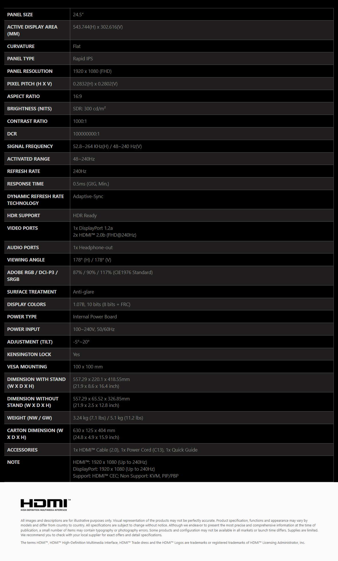 MSI MAG 255F X24 24.5inch 240Hz FHD Rapid IPS Gaming Monitor-SPECS