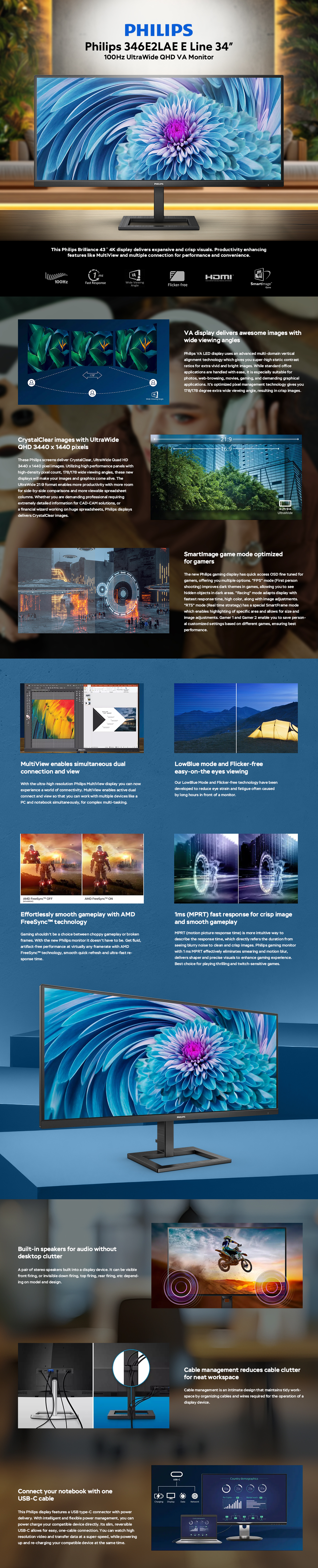 Philips 346E2LAE E Line 34inch 100Hz UltraWide QHD VA Monitor ...