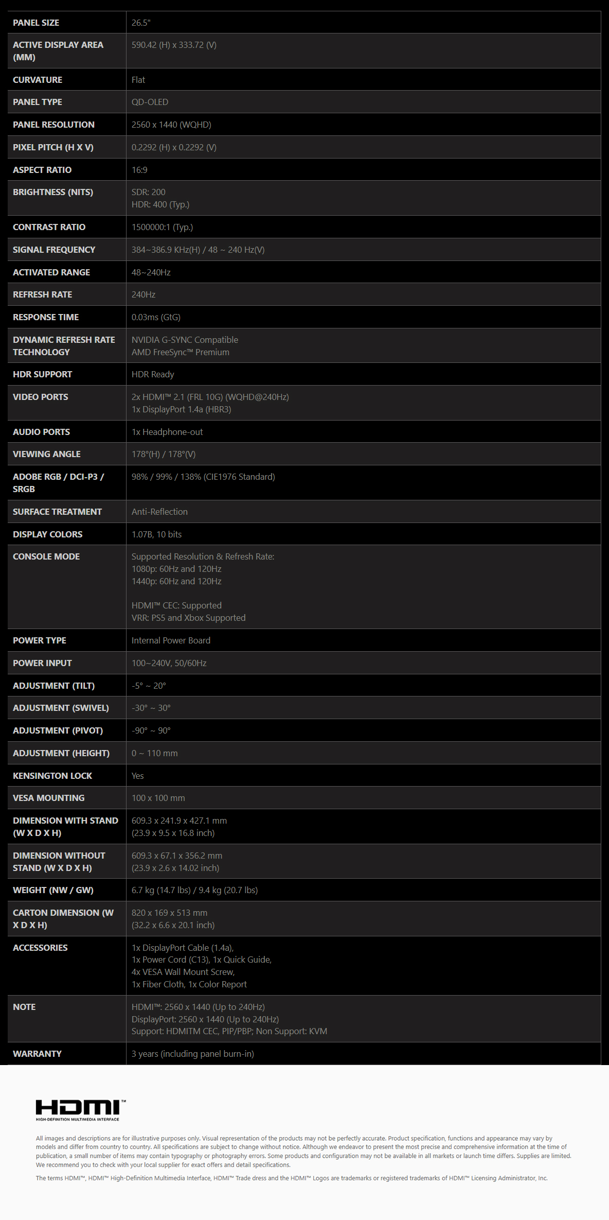 MSI MAG 274QP QD-OLED X24 26.5inch 240Hz QHD QD-OLED Gaming Monitor-SPECS