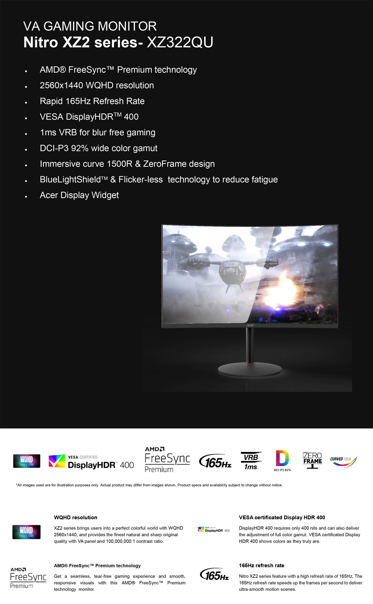 Buy Nitro XZ2 XZ322QUS 31 5inch 165Hz WQHD VA Curved Gaming Monitor 