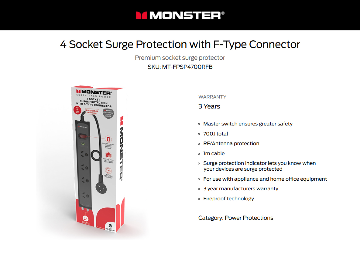 Monster 4 Port Surge Protector Power Board with F-Type Connector, Black ...