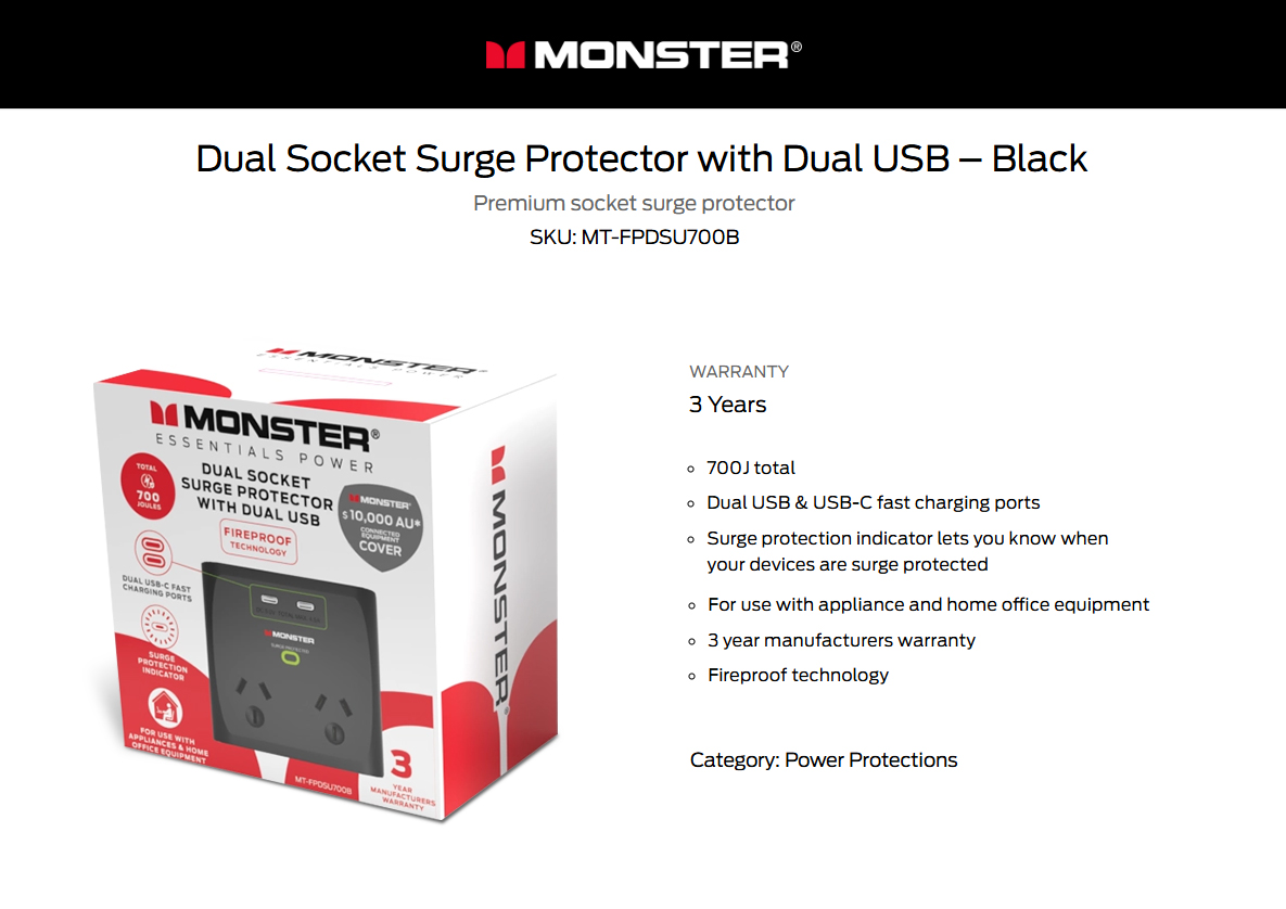 Monster 2 Port Surge Protector Power Board with USB, Black | Scorptec ...