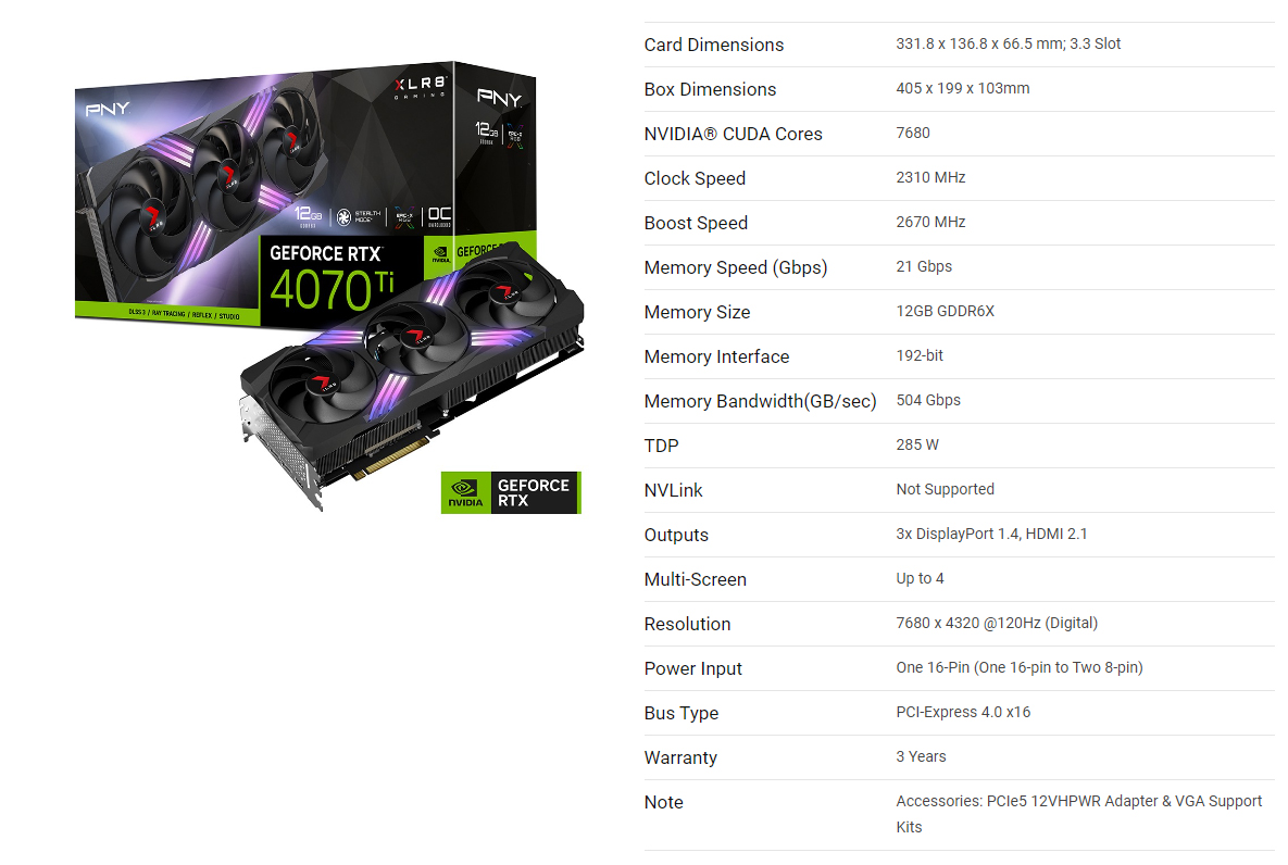 Buy PNY GeForce RTX 4070 Ti 12GB XLR8 Gaming Verto TF OC 12GB 