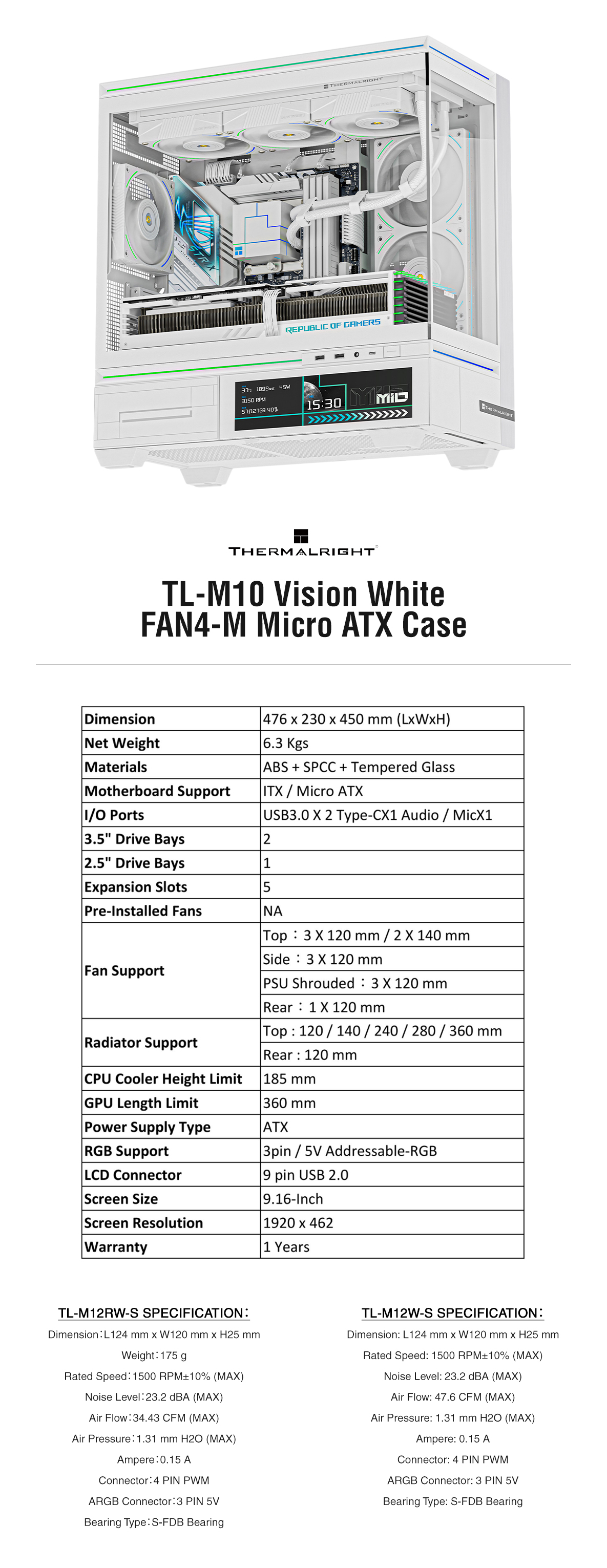 M10 Fan Thermalright TL-M10 Vision with 4x TL-M12W-S Fans WH Micro ATX Case ...