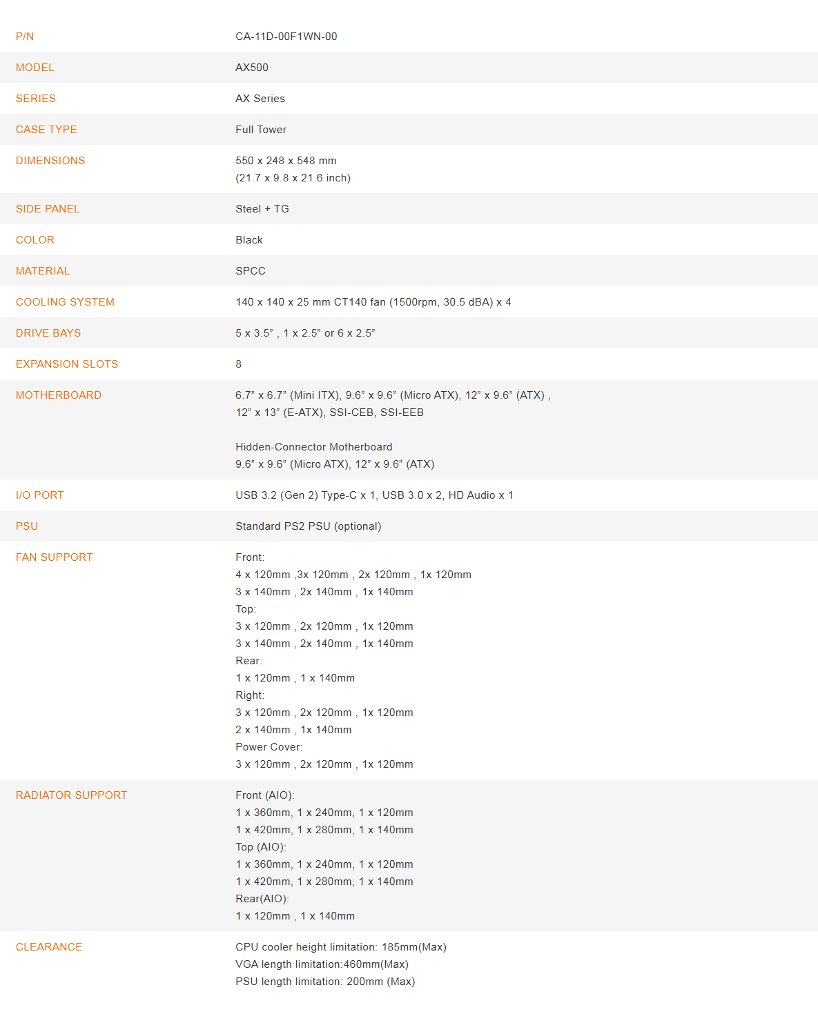 Thermaltake AX500 Tempered Glass Full Tower E-ATX Case, T/G, NO PSU ...