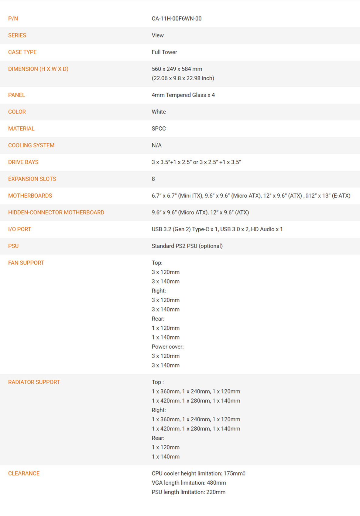 Thermaltake View 600 TG Snow Full Tower E-ATX Case, 4mm Tempered Glass Side Panels, NO PSU-SPECS