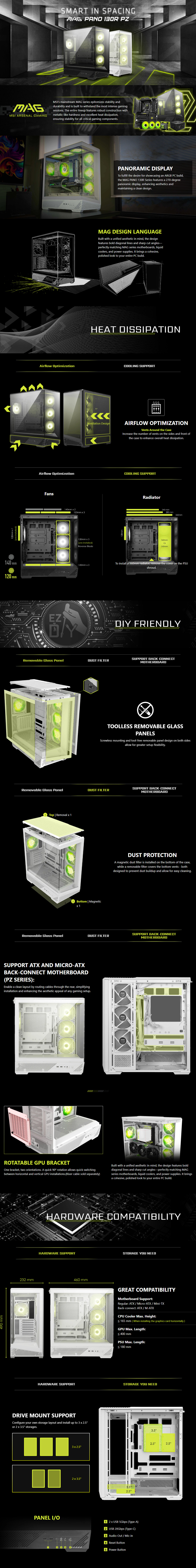 MSI MAG PANO 130R PZ White Mid Tower ATX Case, Tempered Glass Side Panels, NO PSU