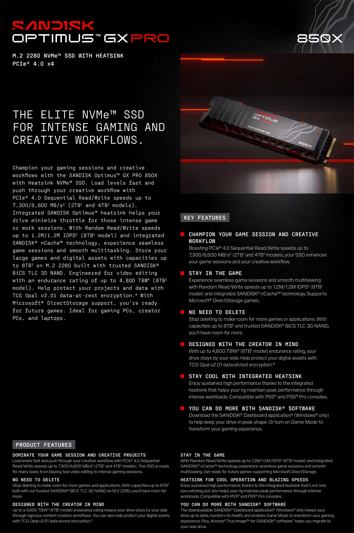 SanDisk Optimus GX PRO 850X 1TB M.2 2280-S3-M NVMe 1.4 PCIe 4.0 SSD with Heatsink