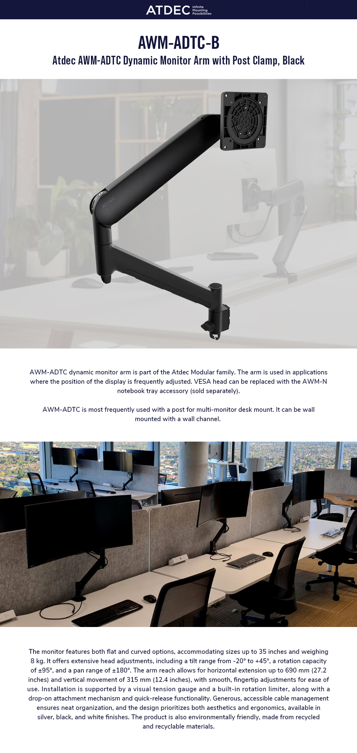 ATDEC AWM Dual Monitor Dynamic Arm Solution, Black | Scorptec Computers